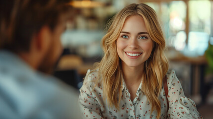 Fototapeta premium A young blonde woman in a professional interview in a corporate office