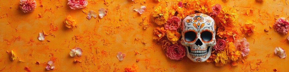 Dia de los muertos celebration background with colorful sugar skull and flowers for festive design