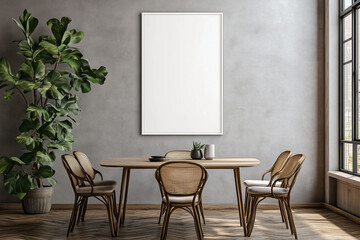 Mockup Vertical White Frame Blank Poster Mounted on a Wall. Classic Modern Dining Room Decor.