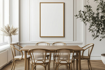 Mockup Vertical Wood frame Blank Poster mounted on a wall. Classic Modern Dining Room Decor.