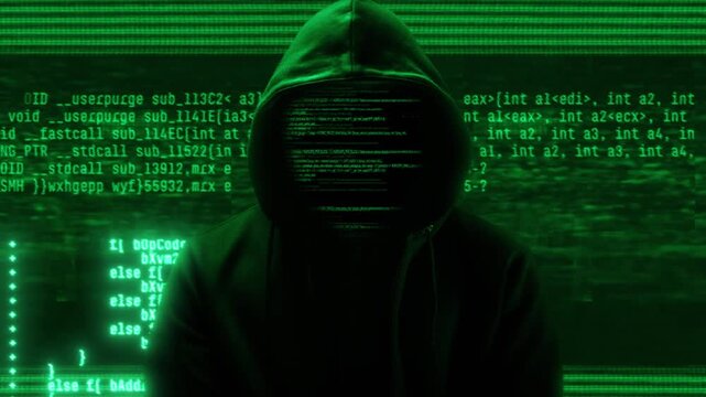Hacker with hoodie and glitch face. Computer abstract digital code at the background. Dark web or darknet fraud. Cryptocurrency bitcoin mixer concept. Cybersecurity and social network data protection