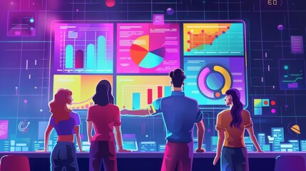 Cartoon vector team analyzing online sales data on a large screen