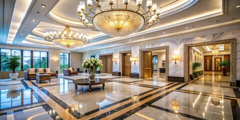 Obraz premium Luxurious Lobby with Chandeliers and Marble Flooring, Interior Design, Architectural Photography, Hotel Lobby, Luxury Interior