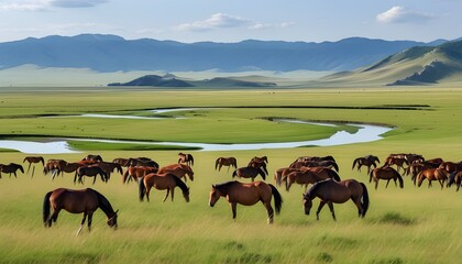 Flocks of horses are grazing leisurely on the vast grassland, with winding rivers and rolling mountains in the background.