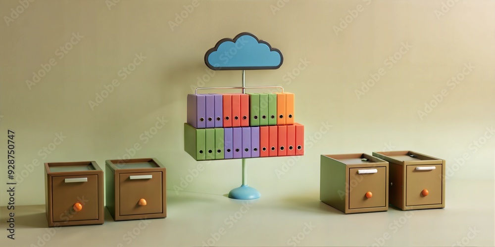 Poster data bridge: colorful file folders levitate on a playful cloud, symbolizing seamless cloud storage a