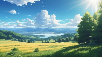 Obraz premium Glade near the forest background in anime style in bright colors, blue sunny sky, AI generated