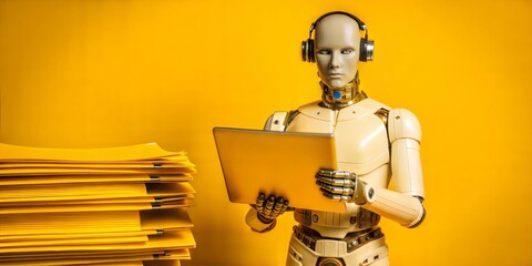 AI Efficiency: Golden Robot Tackles Digital Overload on Vibrant Yellow  