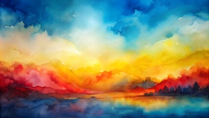 Obraz premium Abstract watercolor landscape featuring a gradient of red, yellow, and blue colors , watercolor, landscape, abstract, art
