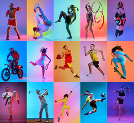 Colorful mosaic of different kinds of sport. Dynamic portrait of young active people in motion in neon light against gradient background. Concept of sport, wellness, healthy lifestyle, movement. Ad