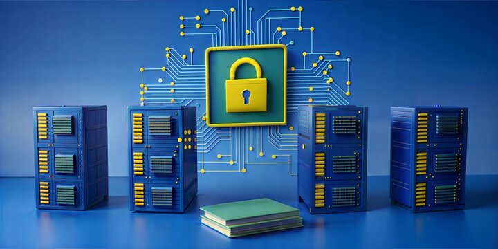Data Security and Privacy: A secure network of servers protected by a padlock symbol, signifying data protection and privacy, with a book emphasizing knowledge and trust in a visually appealing illust