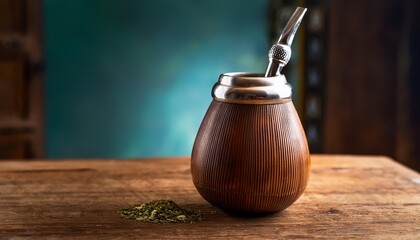 A traditional Argentine mate gourd filled with yerba mate, placed on a rustic wooden table with bomilla