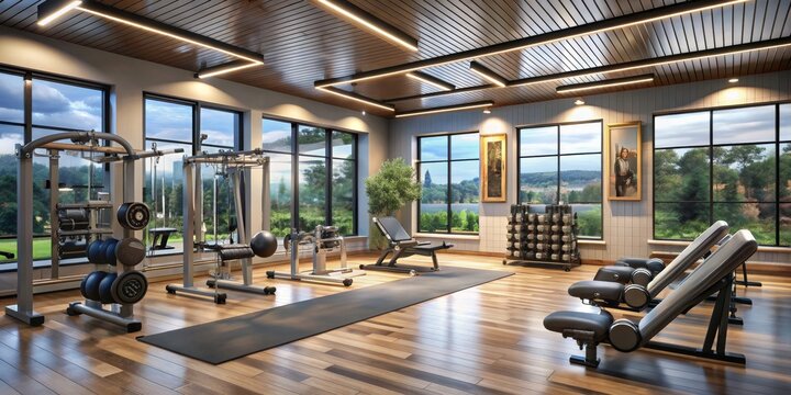 Modern Gym Interior with Wood Floor and Natural Light, gym, fitness, workout, interior design