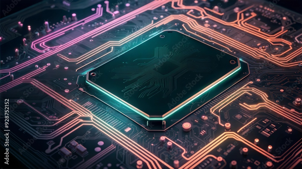 Poster neon brain: a high-tech cpu glows with vibrant colors, illuminating the intricate circuitry of a mod