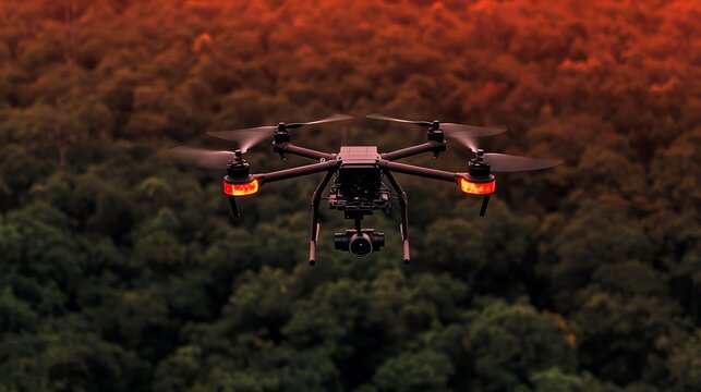 A drone equipped with an infrared thermal imaging camera flying over a dense forest canopy, capturing the intense heat radiating from the leaves during an extreme summer heatwave