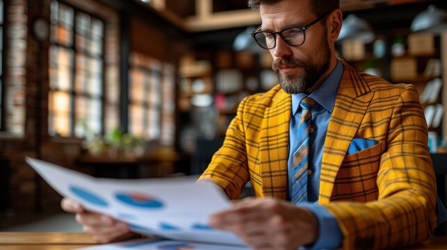 Businessman reviewing colorful charts and graphs in a modern office setting during the day