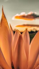 A close up of a flower with the sun setting in the background, AI