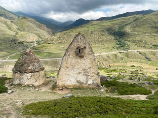 Medieval stone burial grounds of Fardyk-Keshene on slope near the village of Eltyuby and Bulungu in...