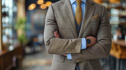 A well-dressed man in a tailored suit standing confidently indoors, surrounded by contemporary decor during a business meeting