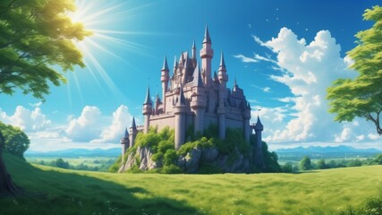 Obraz premium Image of an old fantasy castle behind a field, sunny weather, clear blue sky, AI generated