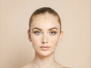 Facial Recognition: A serene woman's face adorned with biometric markers, signifying the future of identification technology and its impact on security and privacy. 