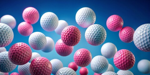 Fototapeta premium Pink and White Golf Balls in Motion, 3D Render, Blue Background, Golf, Sport, Recreation , Texture