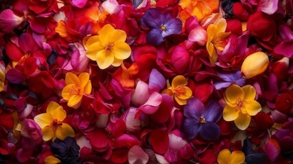 Photo background of realistic multi-colored petals and flowers, romantic background, march 8, valentine's day, AI generated