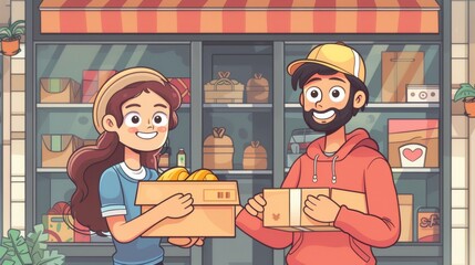 Cartoon vector happy customer receiving a delivery from an online purchase