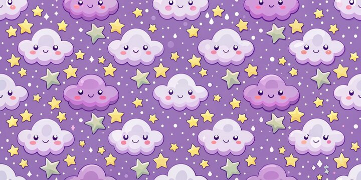 Purple Night Sky with Cute Clouds and Stars, pattern , kawaii , seamless , cloud , stars
