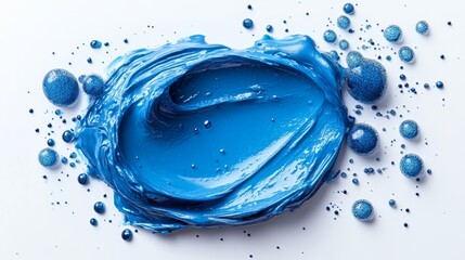 Fototapeta premium Vibrant blue paint texture with splashes and drips on a white background, ideal for art and design projects.