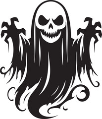 spooky haunted house ghosts, dead tree, lanterns and pumpkins halloween night black and white silhouette vector line art flat design background image illustrations