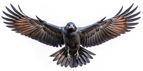 Naklejka premium Raven in Flight Wings Spread Wide, Black Feathers, Isolated on White Background, Bird, Raven, Feathers, Flight
