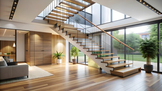 Modern house interior featuring a sleek staircase , home, contemporary, architecture, design, living, room, luxury