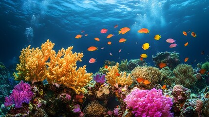 Naklejka premium Stunning underwater scene of a vibrant coral reef teeming with a diverse array of colorful fish and other captivating marine life in a lush thriving aquatic ecosystem