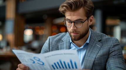 Man in smart attire reviewing business performance reports in a modern urban cafe during the daytime