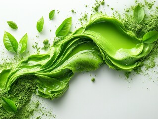 Vibrant green swirl with fresh leaves and powder, symbolizing nature, freshness, and healthy living.