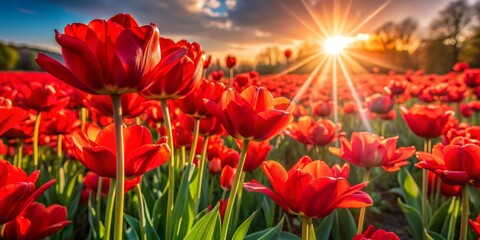 Obraz premium Red Tulips Field Sunset, Sunlight, Flowers, Spring, Nature