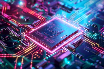 Obraz premium Closeup of a glowing CPU chip on a motherboard with neon lights.