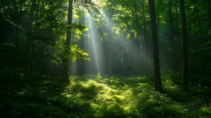 Obraz premium Lush green forest with sunlight filtering through the verdant canopy creating a serene and peaceful natural atmosphere