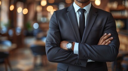 Professional man in a suit standing confidently in an upscale restaurant during the evening