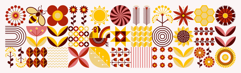 Ukrainian rural floral sweet pattern. Scandinavian style. Beekeeping, bees, honey, honeycombs, beehives, rooster, nectar, flowers. Geometric background. Positive summer illustration.