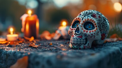 A skull is sitting on a stone slab with candles in the background