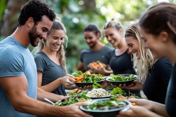 A group of friends sharing a healthy and nutritious meal together after a workout session...