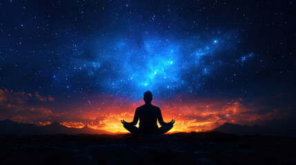 Silhouette of a person meditating under a starry night sky with a glowing horizon, reflecting tranquility and cosmic connection.