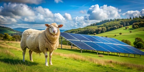 Obraz premium Sheep in a Field with Solar Panels, green energy, rural landscape, sustainable living, renewable energy