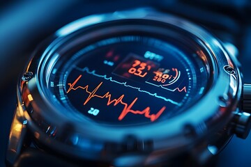 Closeup of a heart rate monitor symbolizing the tracking of progress and pushing the limits of personal fitness health and wellness through data driven analysis and goal oriented training