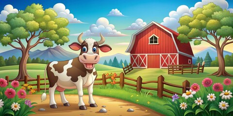 Fototapeta premium Smiling Cow in Farmland with Red Barn, Digital Painting, Farm Animal, Rural Landscape, Countryside, cow, farm