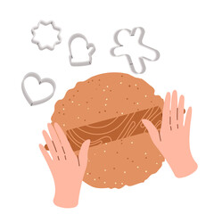 Obraz premium Girl rolls out cookie dough. Making Christmas gingerbread cookies on isolated background. Top view. Homemade bakery preparing with dough. Cooking school. Vector illustration in flat style.