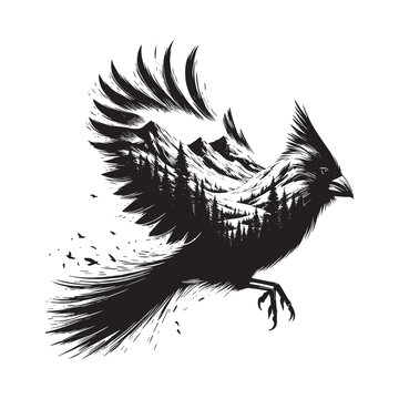 recommend clip art: silhouette of Cardinal filled with mountain and nature view in rough drawing