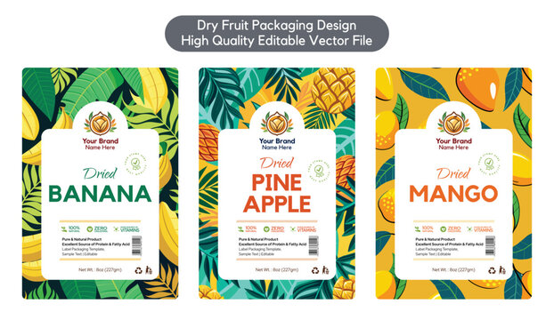Dry fruit label design, Dried Banana label Pineapple Dried Mango label design sticker design for packaging standup pouch editable print ready vector template file illustration download