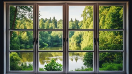 a large window showcasing a lush green landscape with tall trees